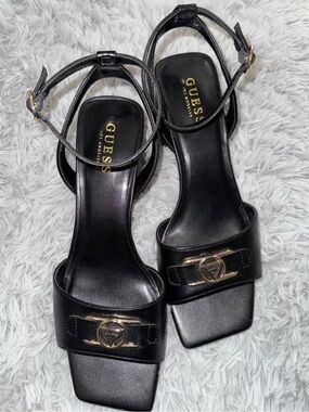 GUESS Black Leather Square-Toe Ankle-Strap Heels with Gold Logo